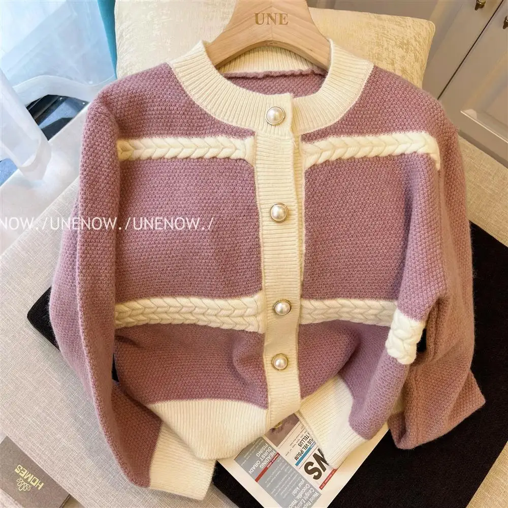 OMCHION 2024 Fashion Chambray Taro Color Sweater Cardigan Women Korean Style Loose New Design Niche Cardi Knitwear