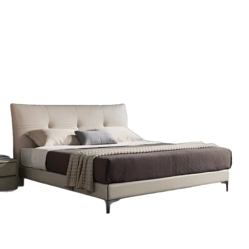 

Italian minimalist leather bed master bedroom wedding bed, genuine leather modern simple light luxury net