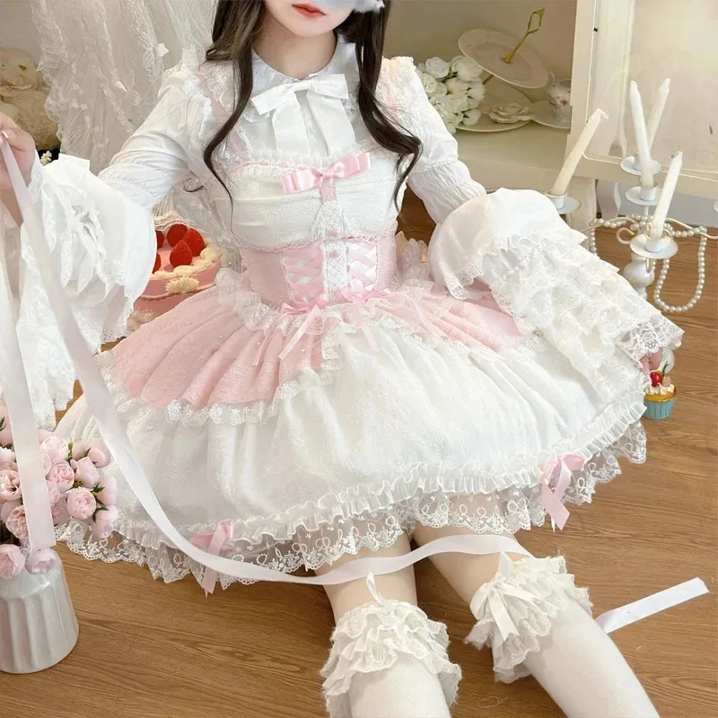 Japanese Sweet Lolita Jsk Dress 2025 Elegant Ruffles Lace Bandage Princess Strap Dresses Girls Y2k Kawaii Tea Party Mini Dress