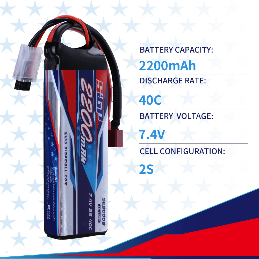 SIGP 2S Lipo Battery for 2200mAh 40C with T Plug Fast Heat RC Vehicles Car Tank Truck Boat Truggy Racing Model Hobby 2Packs