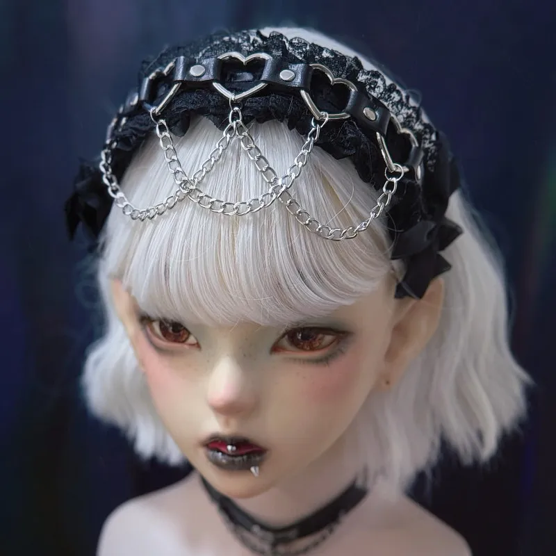 オリジナル手作りラブチェーンレザーバックルレースヘッドバンド、サブカルチャーダークゴスブラックヘッドバンド（女性用）