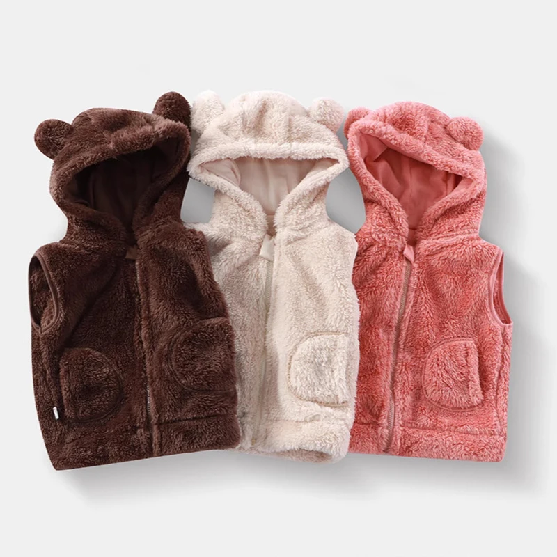 Autumn Winter Baby Boys Girls Solid Vest Thick Keep Warm Bear Hooded Waistcoat Jackets For Kids Clothes Child Outwear  Yk129