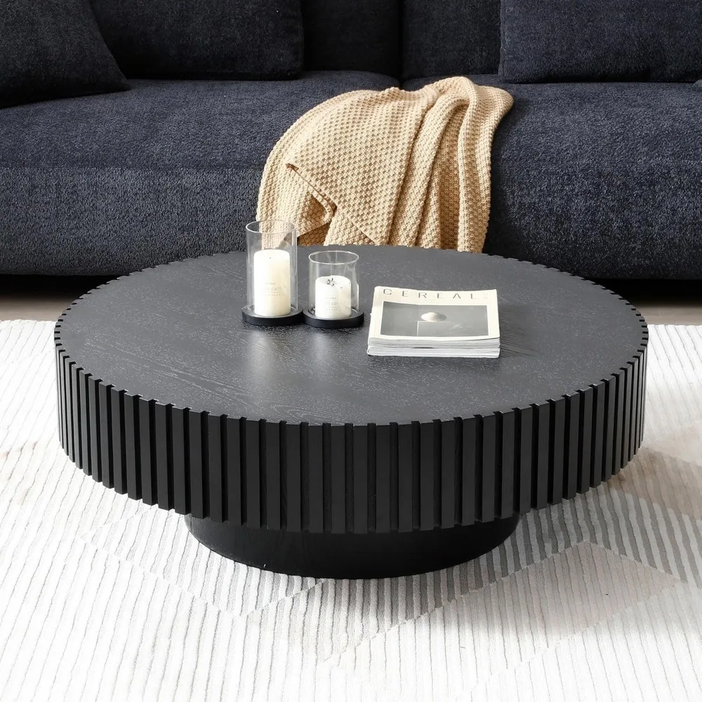 Modern Farmhouse Style 39.4 Black Coffee Table - Walnut Living Room Drum Table with Handcrafted Carved Accents