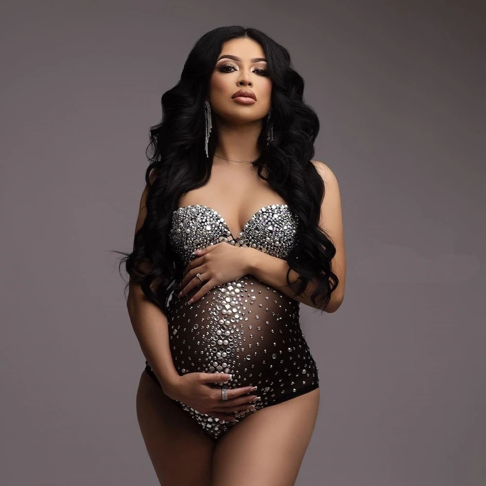 

Stretchy Mesh Maternity Photoshoot Bodysuit With Crystals Shining Rhinestone Pregnancy Photography Bodysuit Skinny For Pregnant
