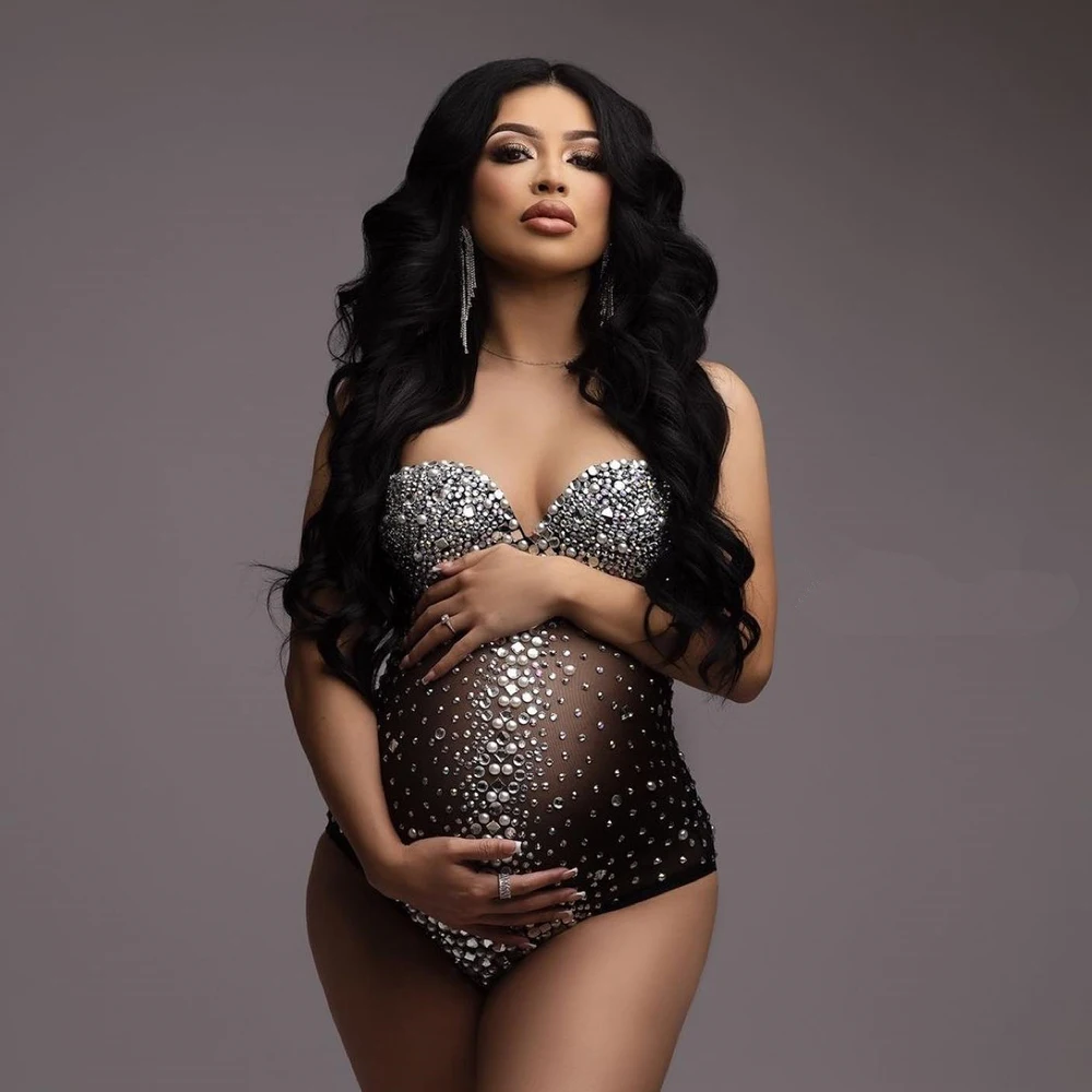 Stretchy Mesh Maternity Photoshoot Bodysuit With Crystals Shining Rhinestone Pregnancy Photography Bodysuit Skinny For Pregnant