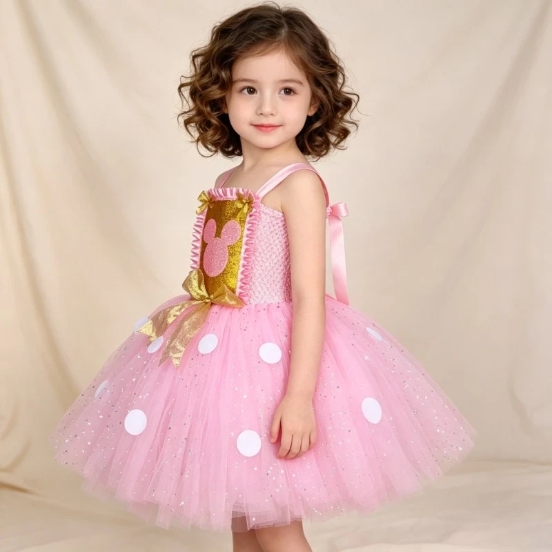 Pink Cartoon Mouse Tutu Dress Kids Birthday Party Costume Animal Cosplay Outfit with Ear Headband Hair Bow Halloween Show