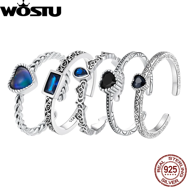 WOSTU 925 Sterling Silver Vintage Blue Black Heart Ring Water-Drop Ring Finger Ring Gift for Women Fine Jewelry Simple Thin Ring