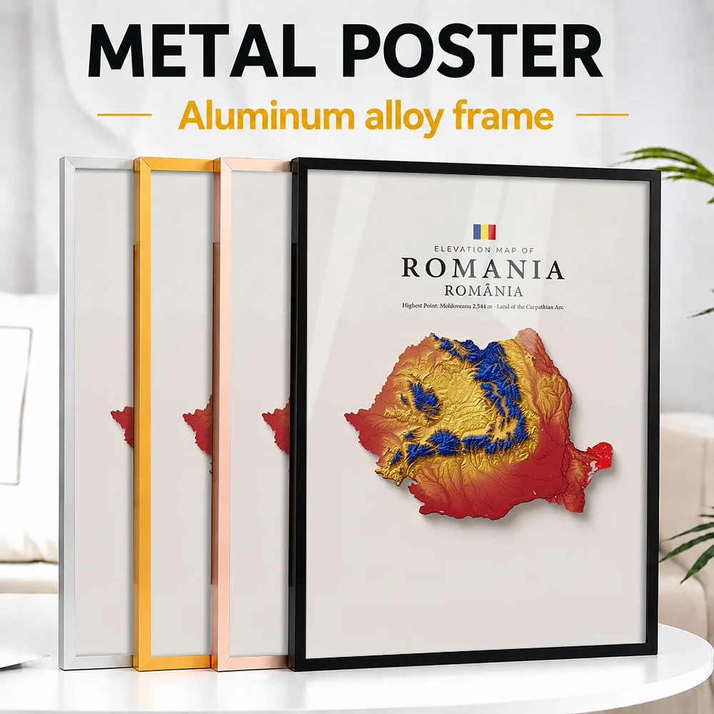 Elevation Map Of Romania Framed Aluminum Metal Poster Customized Photo Clean Line Style Wall Art For Study Memorable City Gift