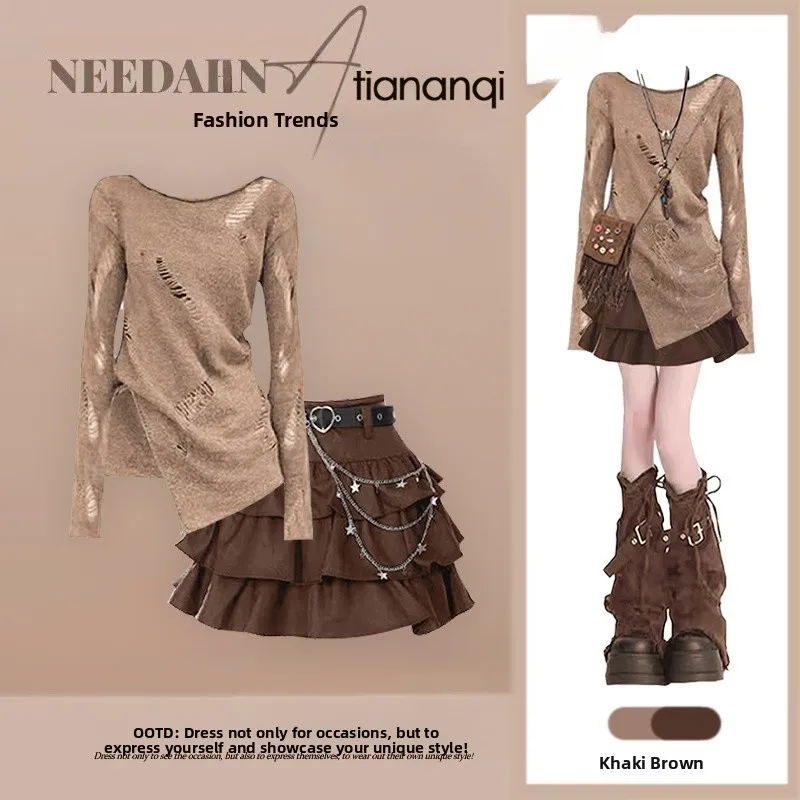 

Корейский комплект из топа и юбки с вырезами, облегающий крой, весенняя новинка, модный комплект из двух предметов для женщин