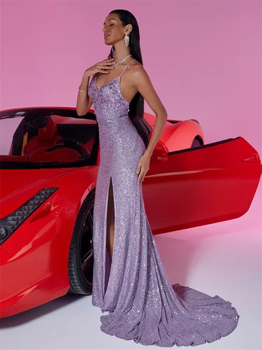 Imagen 2 del producto Vestido de noche de lentejuelas burdeos con escote en V profundo de lujo, vestido largo de fiesta de boda para invitados, vestidos largos de cóctel de graduación de sirena