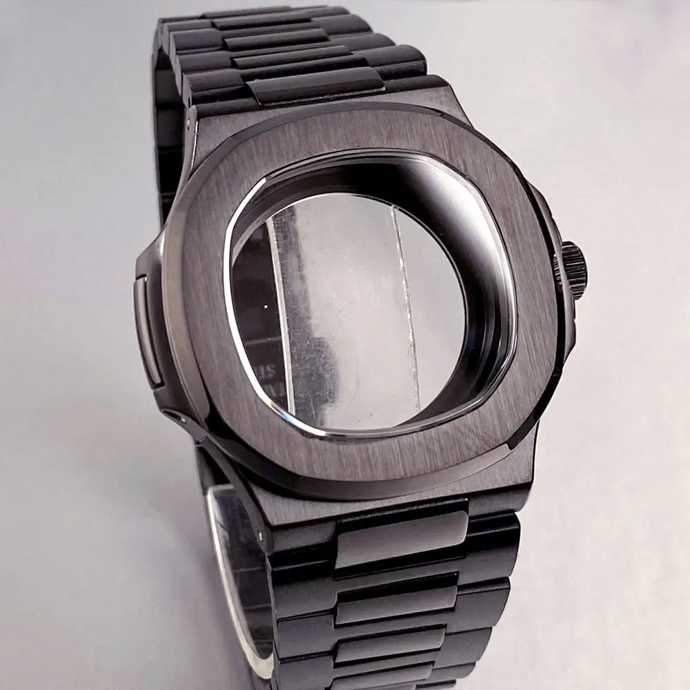 For Nautilus 40mm Square Black PVD Coating Watch Case Sapphire Glass 100m Waterproof fit NH35 NH35A Movement Watch Accessories