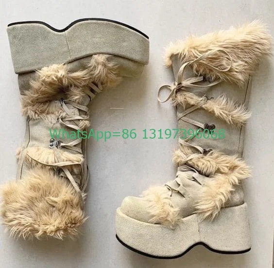

Lady nude platform fur Y2K style lace-up boots feather chunky heel vintage style dress boots new arrive punk boots size 35-46