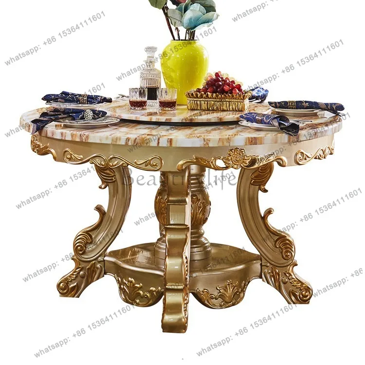 

European dining table all solid wood with turntable marble round table villa dining room furniture