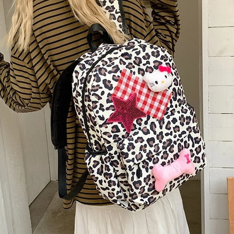 Tas Ransel Motif Leopard Kartun Baru, Tas Selempang untuk Perjalanan, untuk Siswi SMP dan SMA, Tali Ganda, Tas Buku