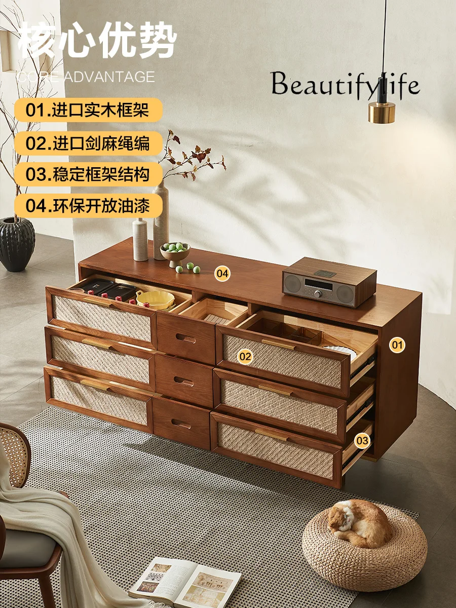 Nordic Solid Wood Rattan Chest of Six Drawers Home Antique Style Storage Cabinet