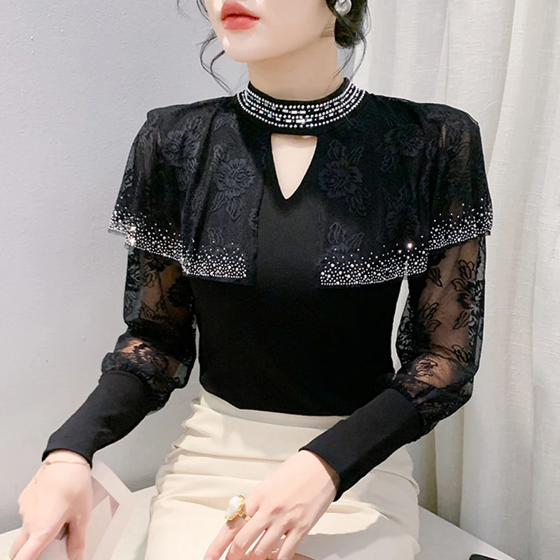 2024 Autumn Long Sleeve Black T Shirt For Women New European Station Hollow out Hot Diamond Tees Slim Patchwork Lace Tops