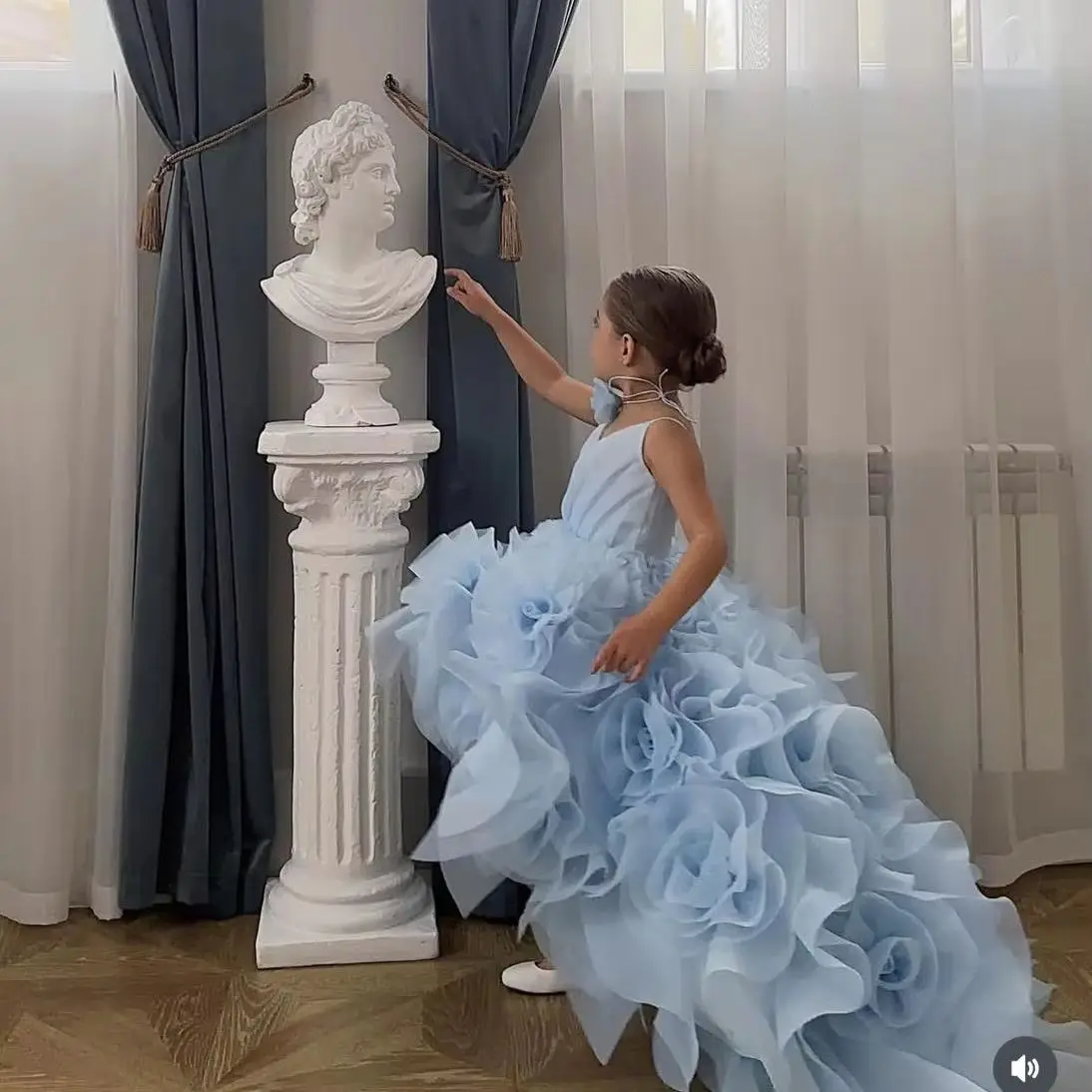 Sky Blue Flower Girl Dresses For Wedding Princess 3D Rose Tulle Skirt Litter Girl's Baby Birthday Party Prom Photo Shoot Gowns image 3