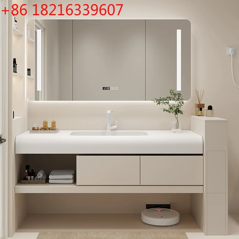 

Простая встроенная раковина Corian из цельного дерева, комбинированный шкаф для ванной комнаты, интеллектуальный умывальник для ванной комнаты на заказ