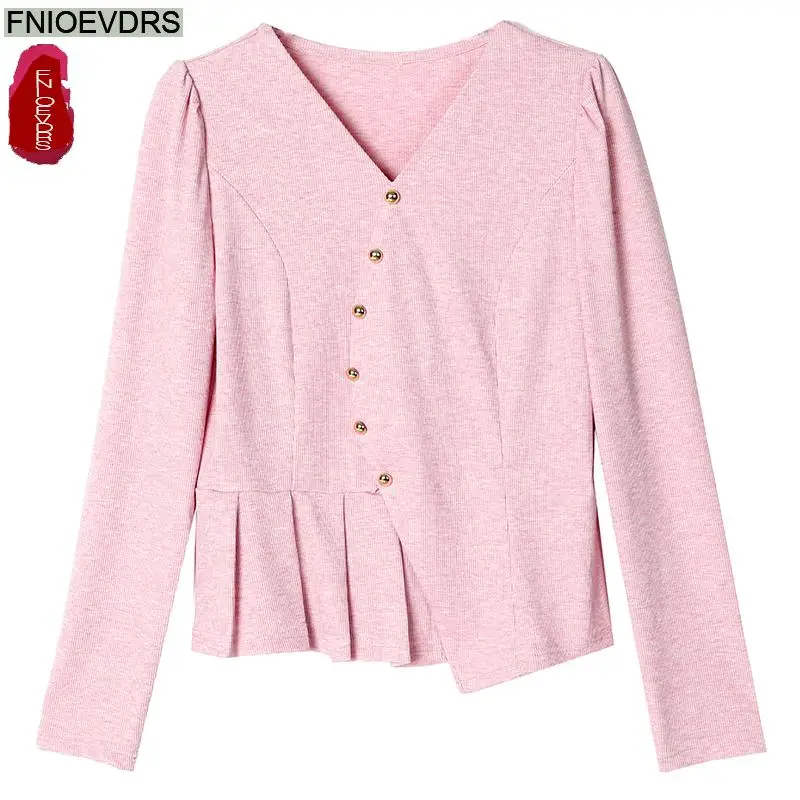 오피스 레이디 셔츠, 기본 착용, 긴 소매 단추 술 프릴 셔츠, 페플럼 탑 블라우스, 프랑스 디자인, 2025 용수철