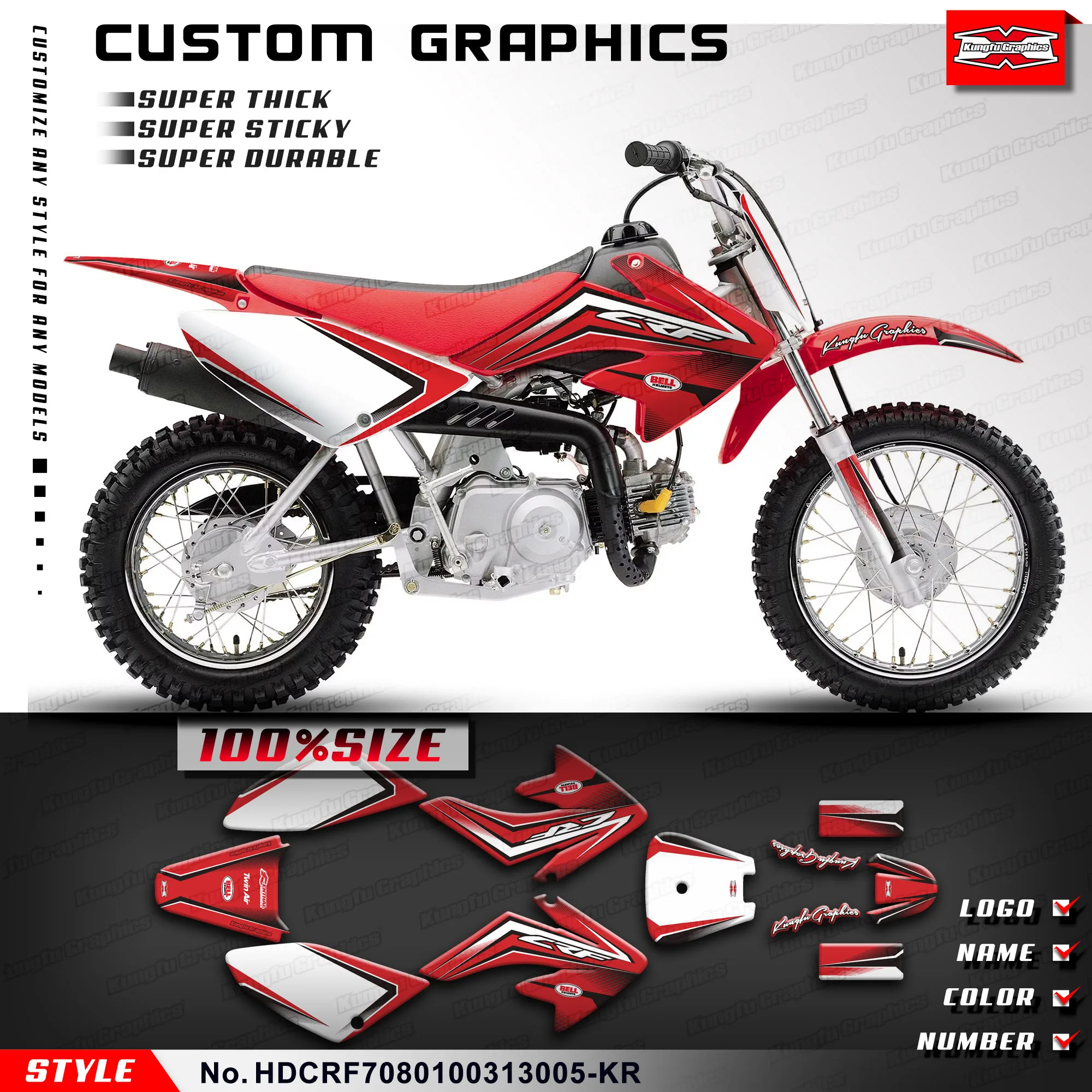 KUNGFU GRAPHICS Motorcycle Decals Glossy Laminate Wrap for Honda CRF 70 2003-2013 & CRF 80 100 2004-2010, HDCRF7080100313005-KR