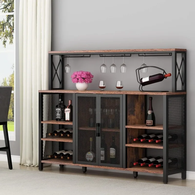 Cozinha Aparador Buffet Cabinet com Wine Rack, 55 Polegadas, Armário De Armazenamento, Indústria De Café