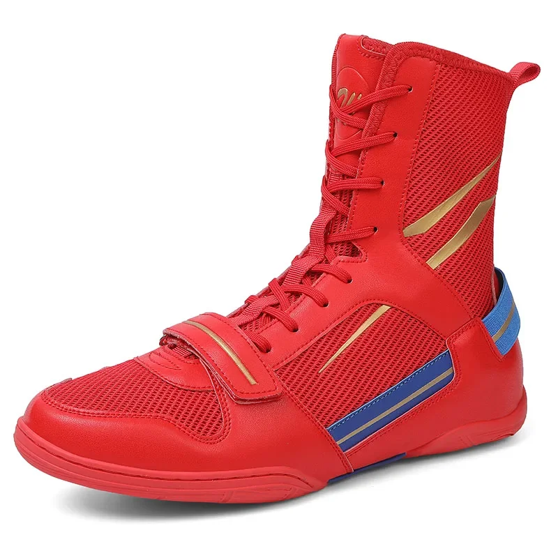 Sapatos de boxe populares para menino grande, botas de luta para homens e mulheres, malha respirável, sapato de ginástica, botas de combate unisex, preto e vermelho, 2024