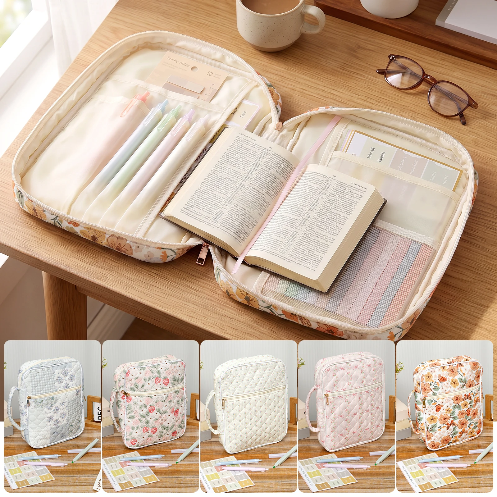 Bible Bag Hand Carry Bible Cover Case with Colored Pen Supplies Multiple Pocket Book Carrying Case Portable Notebook Storage Bag