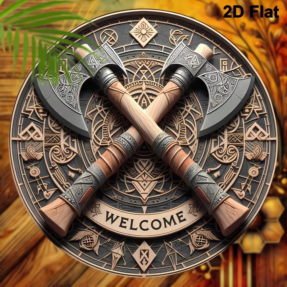 Viking Axe Welcome Sign - 8inch X 8inch Round Wooden Wall Decor, Suitable for Home, Porch, Living Room, and Office