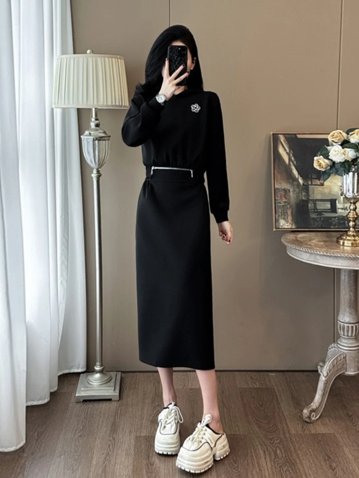 

Элегантное повседневное спортивное платье-юбка для женщин, черное, весеннее, с эффектом двухслойности, приталенное, из смесового хлопка, длинное