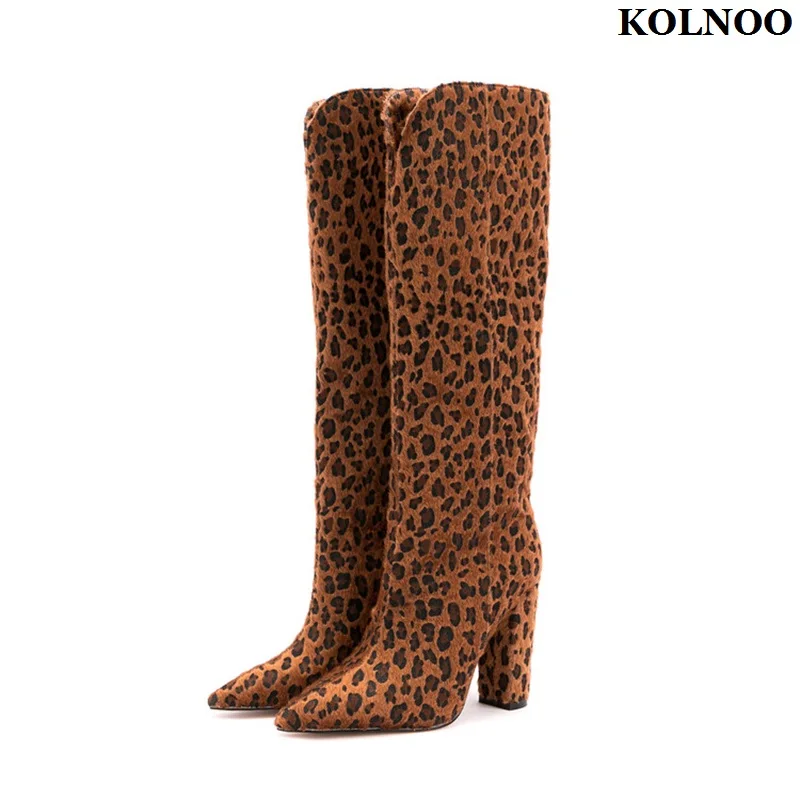 

Kolnoo New Arrival Handmade Ladies Chunky Heel Boots Leopard Leather Large Size 34-47 Xmas Booty Evening Fashion Winter Shoes