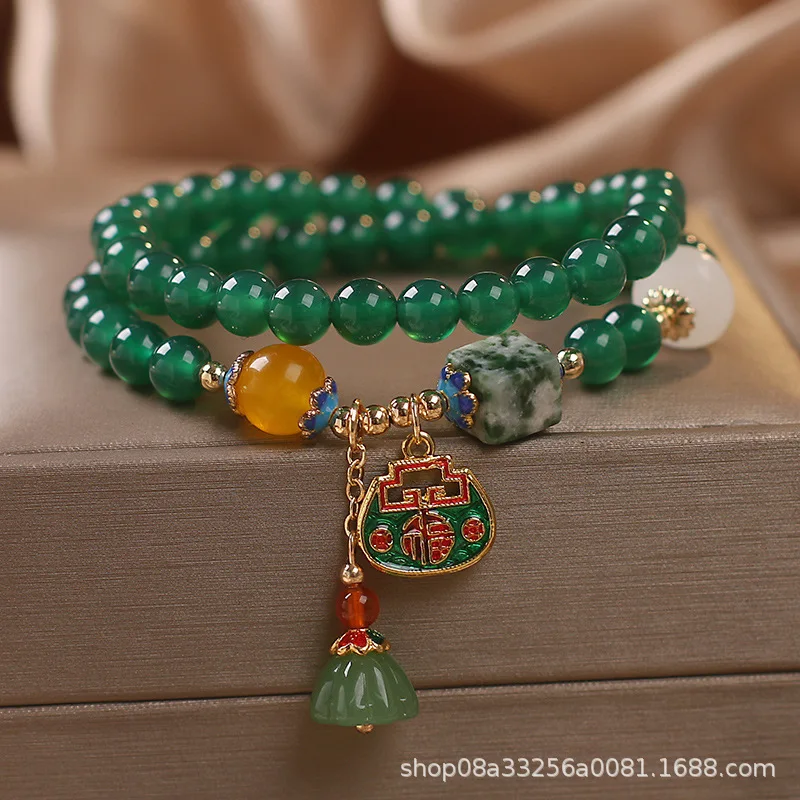 

Многослойный кристалл из бисера с зеленым агатом для женщин, национальный тренд, модная сумка на удачу, браслет с подвеской в виде лотоса