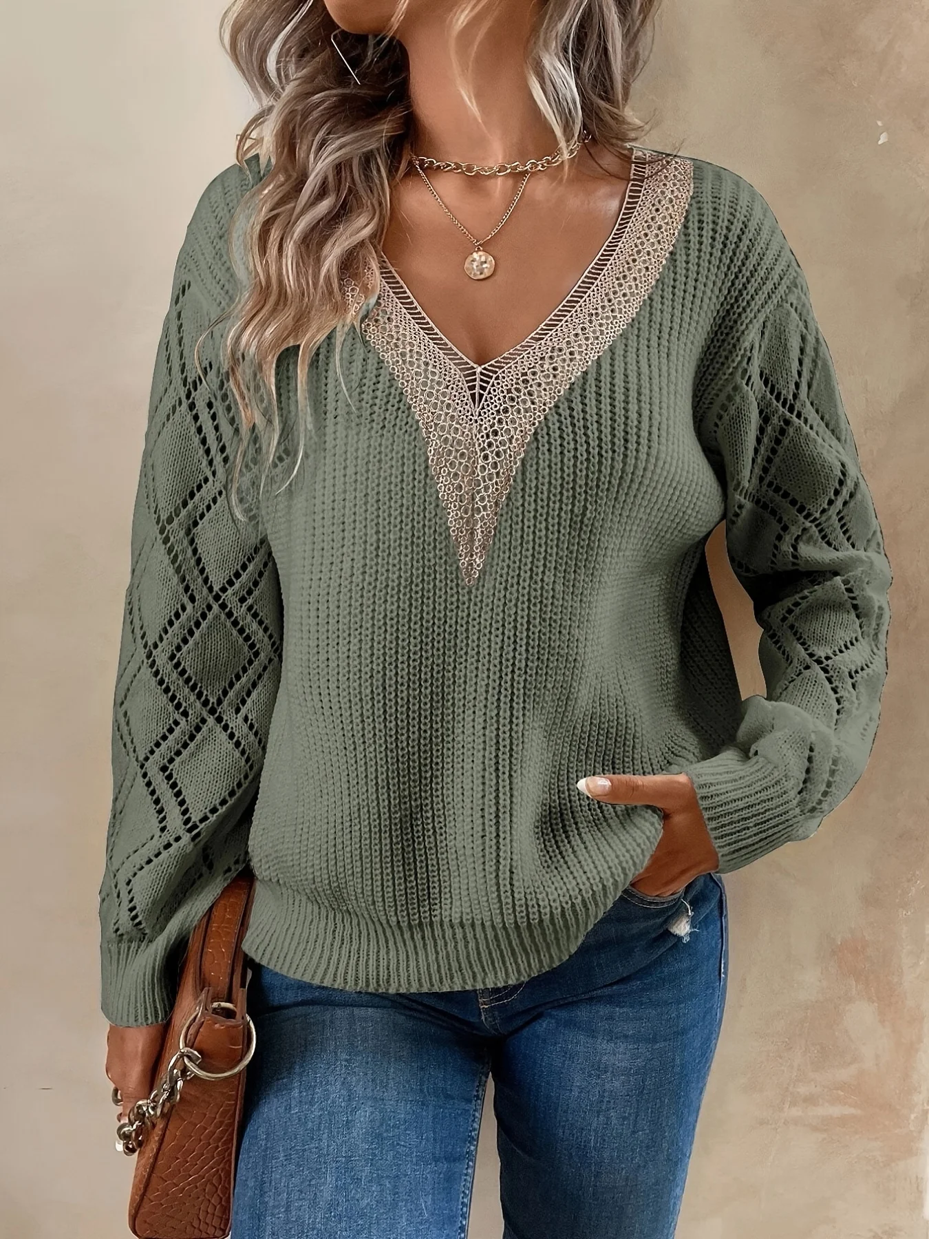 Solid V Neck Knitted Sweater, Hollow Out Long Sleeve Casual Sweater For Fall  Winter Women\'s Clothing