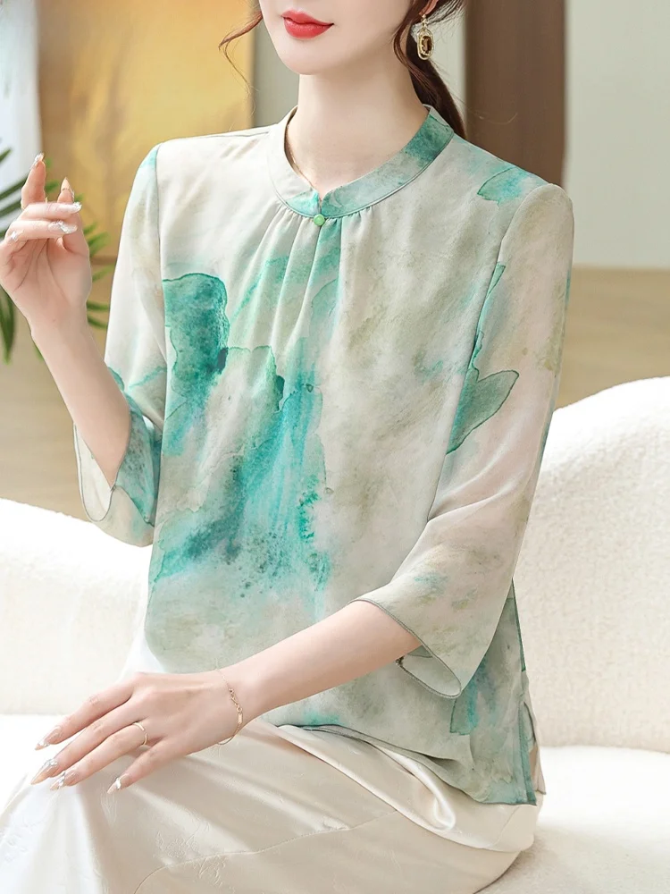 

Ele Mommy Autumn Faion Chiffon Seven-Quarter Sve Women's Mid-Aged And ly Spring Autumn Seasonal Top Trendy Nati...
