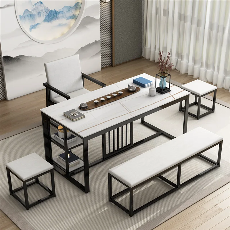 New Chinese rock slab tea table and chair combination, office reception negotiation tea table, living room marble hospitality te