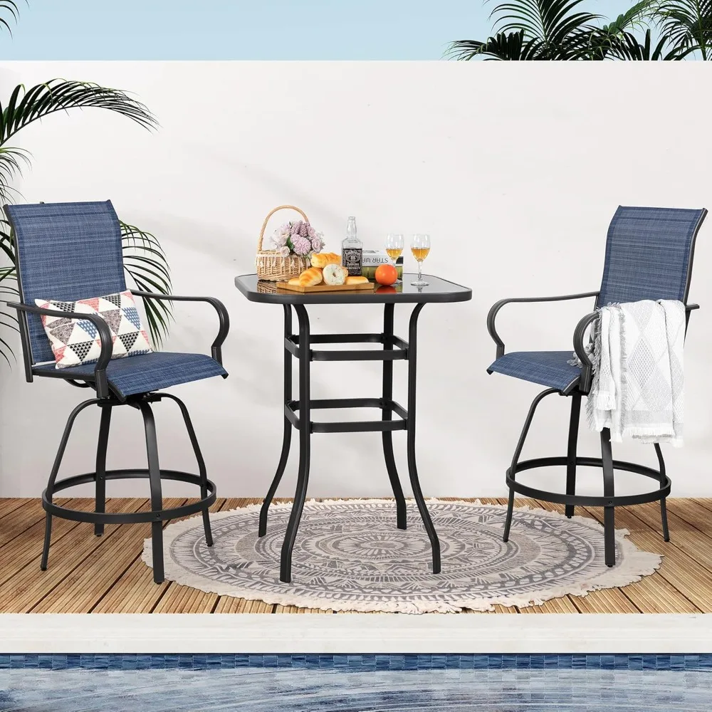 

3 Pieces Outdoor Swivel Bar Set, Textile Fabric Patio High Bars Stool Bistro Set with 2 Height Back Bar Chairs and Glass Table