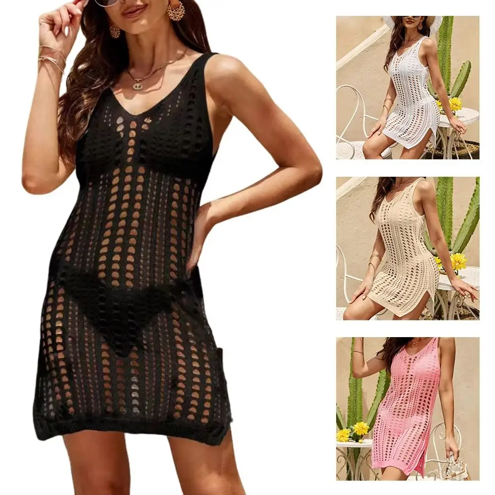 

Y2K Style Hollow Out Beach Dress See Through Sleeveless Bikini Cover Ups Short Dresses Crochet Swimwear Cover-ups Summer Season