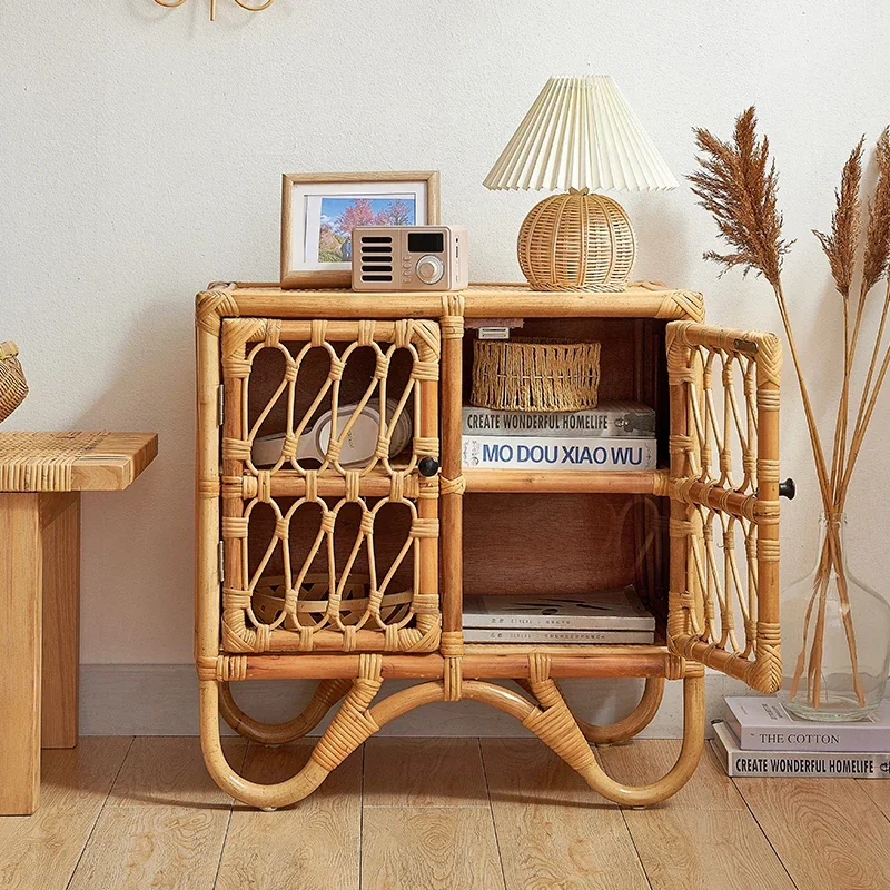 Nordic Rattan Bedside Table Hand-woven Storage Cabinet Children's Bedroom Decoration Cabinet Simple Homestay Nordic Furniture