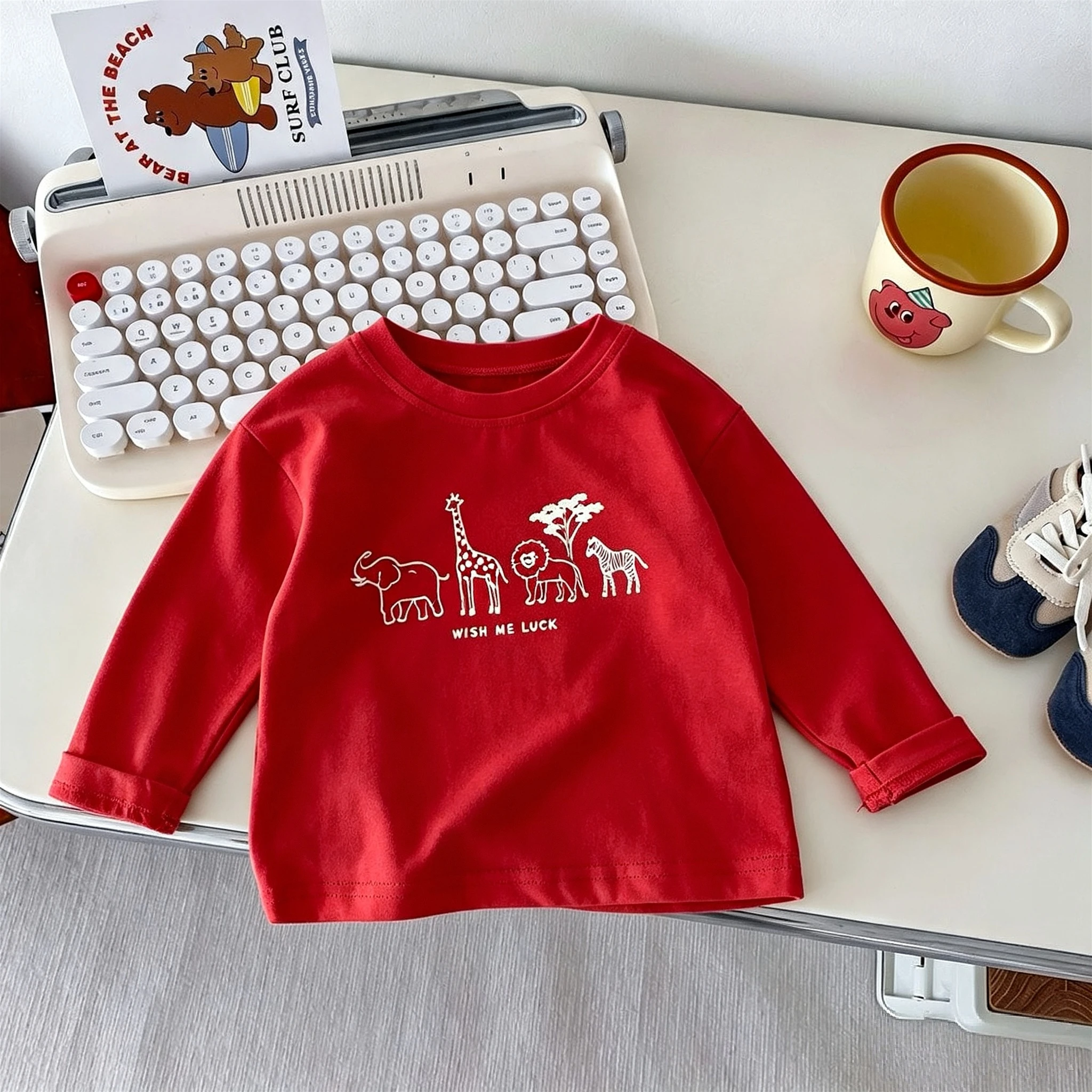Pure Color Simple Fashion Kids Base Shirt Long Sleeve Tops Printed Cartoon Casual Versatile Children's Clothes Blouse Crew Neck
