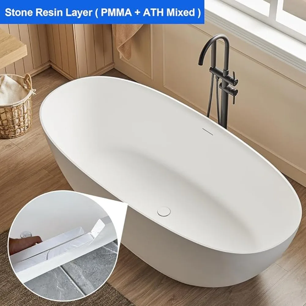 Bathtub, 71 in, Modern Oval Freestanding Soaking Tub with Drain and Integrated Slotted Overflow, Freestanding Tub