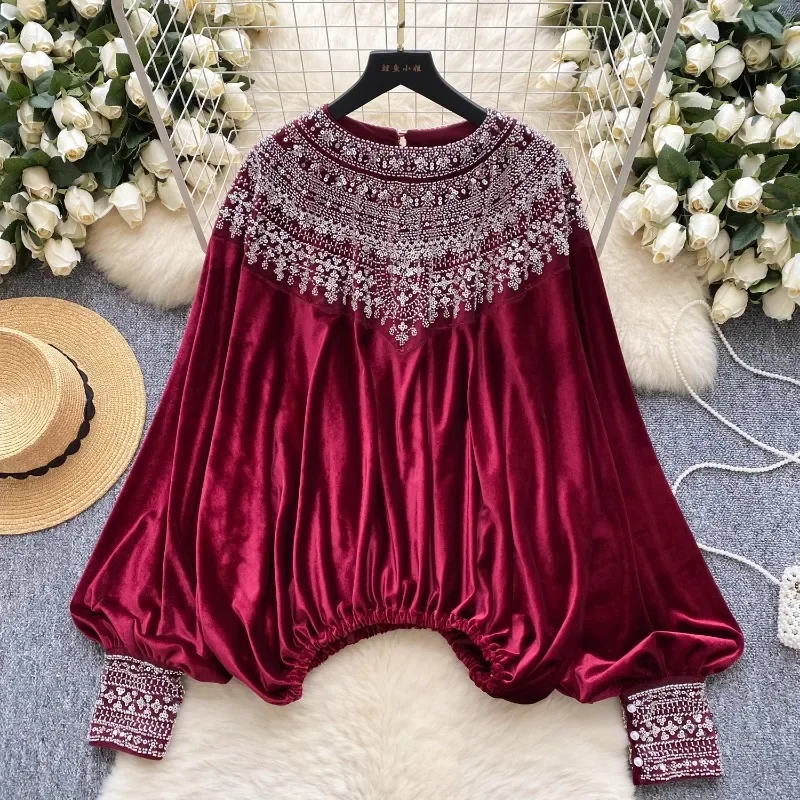 High Grade Light Luxury Court Style Women Clothing Blusas Mujer O Neck Heavy Shiny Loose Blouses Vintage Chic Velvet Shirts