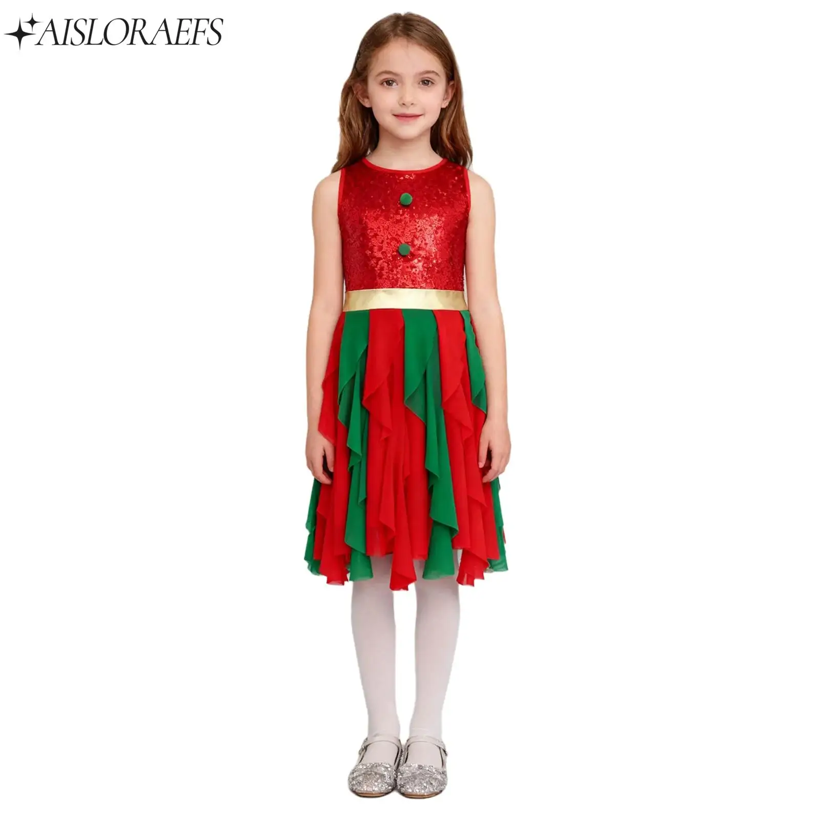 

Christmas Princess Birthday Party Prom Costume Dresses Sequin Figure Skating Dance Dress Sleeveless Pompom Tulle Dress for Girls