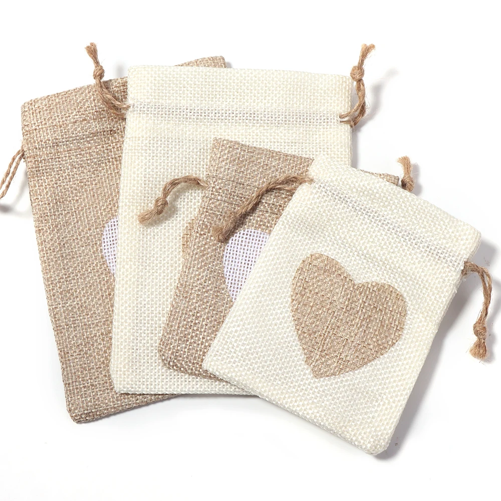 5pcs 10x14cm Heart Pattern Natural Linen Drawstring Bag Gifts Packaging Bags For Wedding Birthday Party Decor Jewelry Pouches