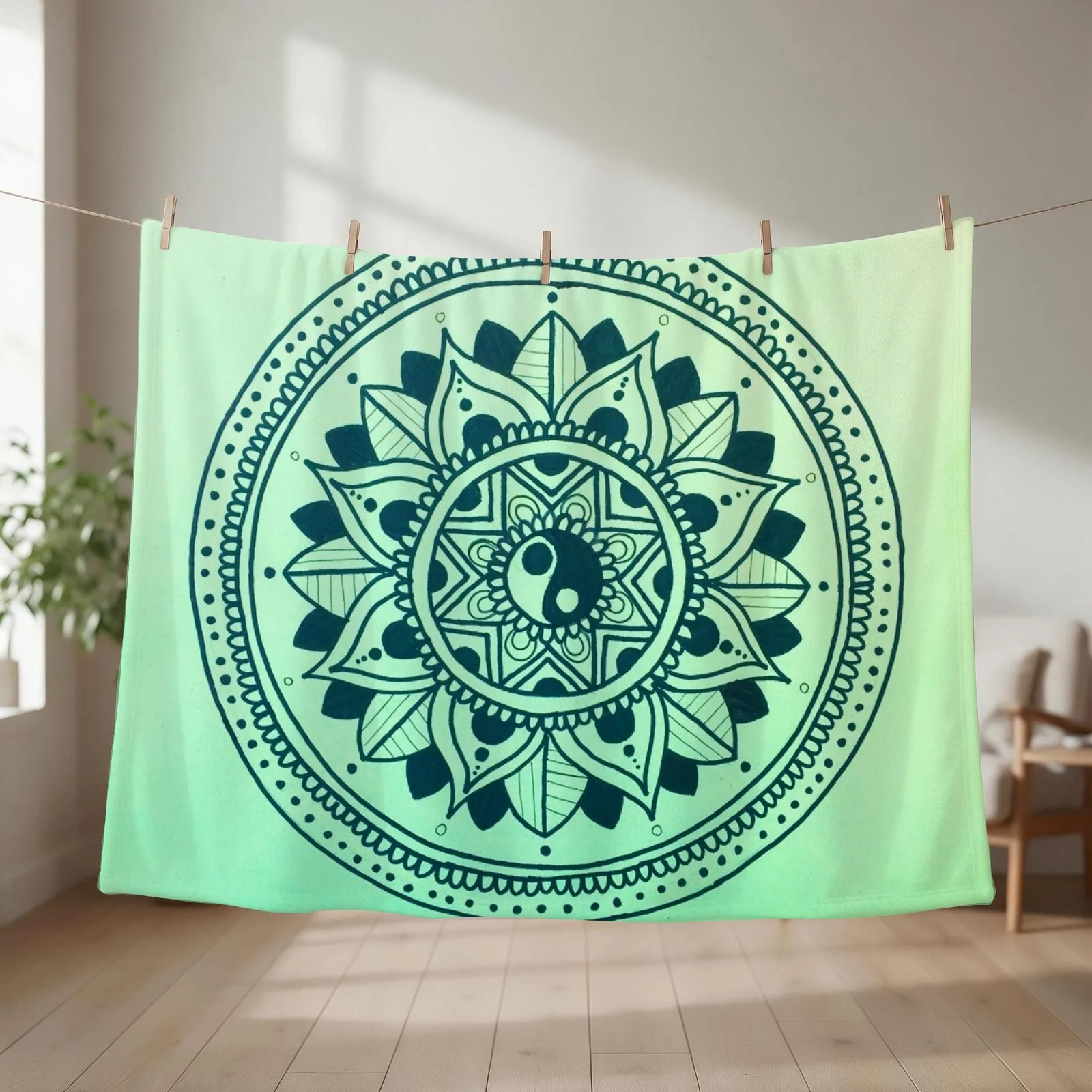 New Green Yin Yang Mandala Throw Blanket couch cozy soft plush fuzzy picnic outdoor blanket