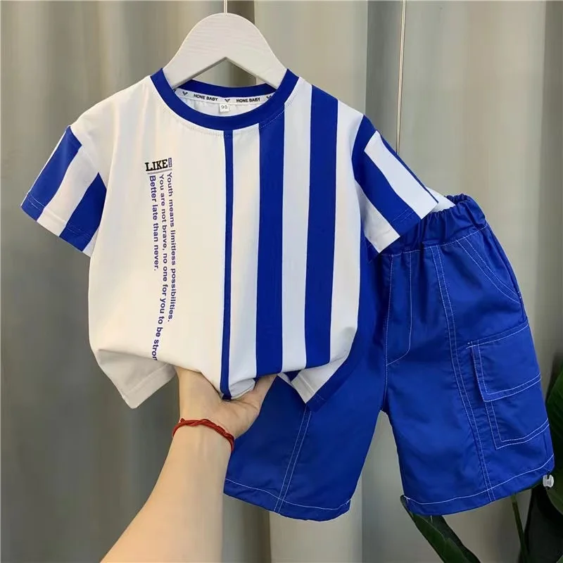 Summer Boy Clothing New Children\'s Clothes Set Boys Short Sleeve Striped T-Shirt+Shorts 2 Piece Set Kids 1-8T Sportswear Suit