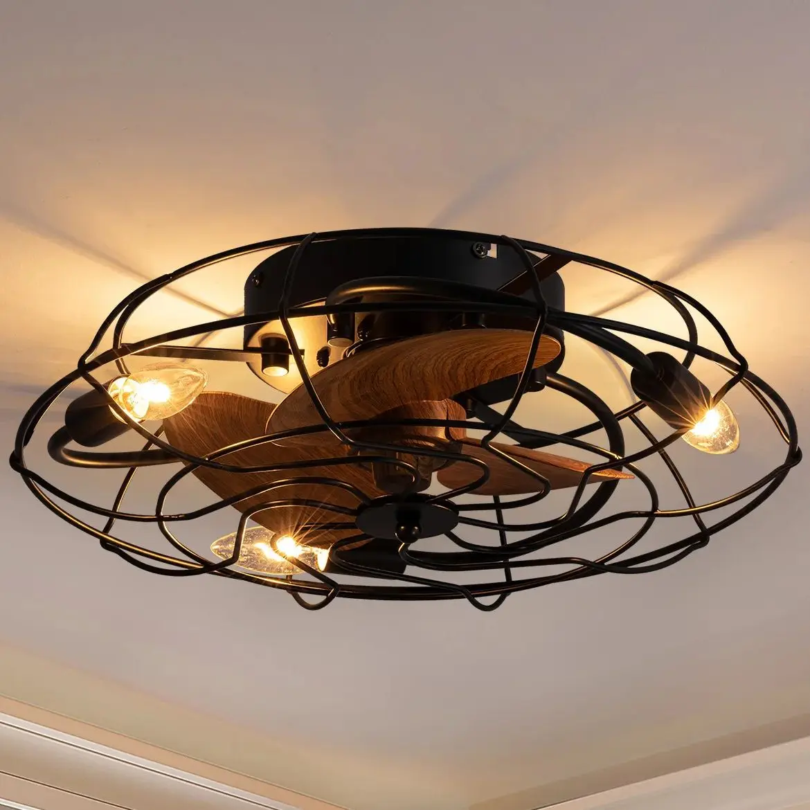 

Retro Invisible American Industrial Ceiling Fan Light with Remote Control for Bedroom Dining Room Wrought Iron