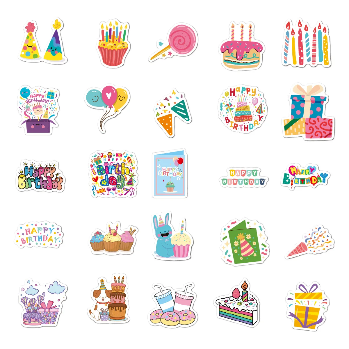 50pcs/pack Happy Birthday Stickers for Water Bottle Decor Cake Birthday Vinyl Stickers for Party Gifts Bags Box Envelope Kids