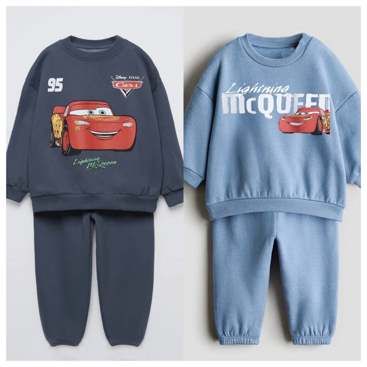 Chándales de manga larga para niños, sudaderas con capucha y pantalones de chándal con estampado de coche de dibujos animados, ropa de otoño, Tops con cuello redondo, pantalones sueltos para niños, 2 uds.