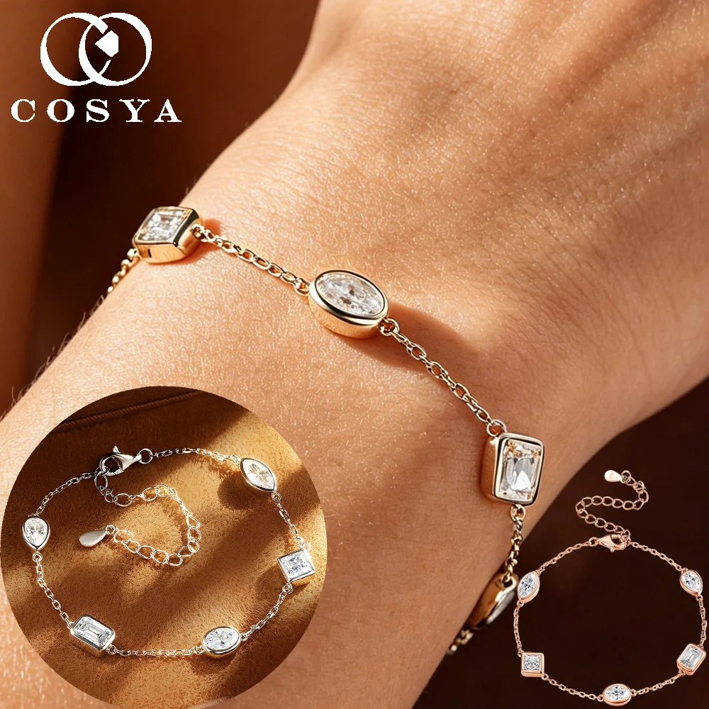 COSYA 2.5cttw Pear/Oval/Emerald Cut Full Moissanite Bracelet for Women S925 Silver Plated 18K 5 Stone Diamond Chain Fine Jewelry