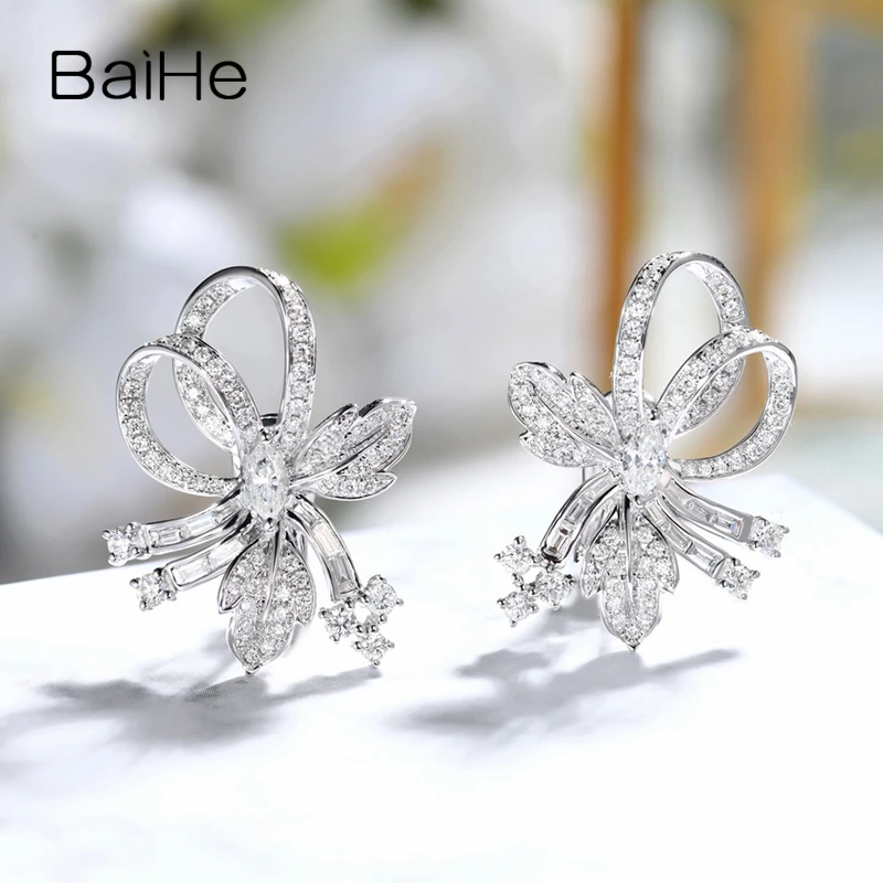 BAIHE Real Solid 14K White Gold Natural Diamond bowknot Luxury Stud Earrings Women Wedding Trendy Fine Jewelry Brincos  أقراط 