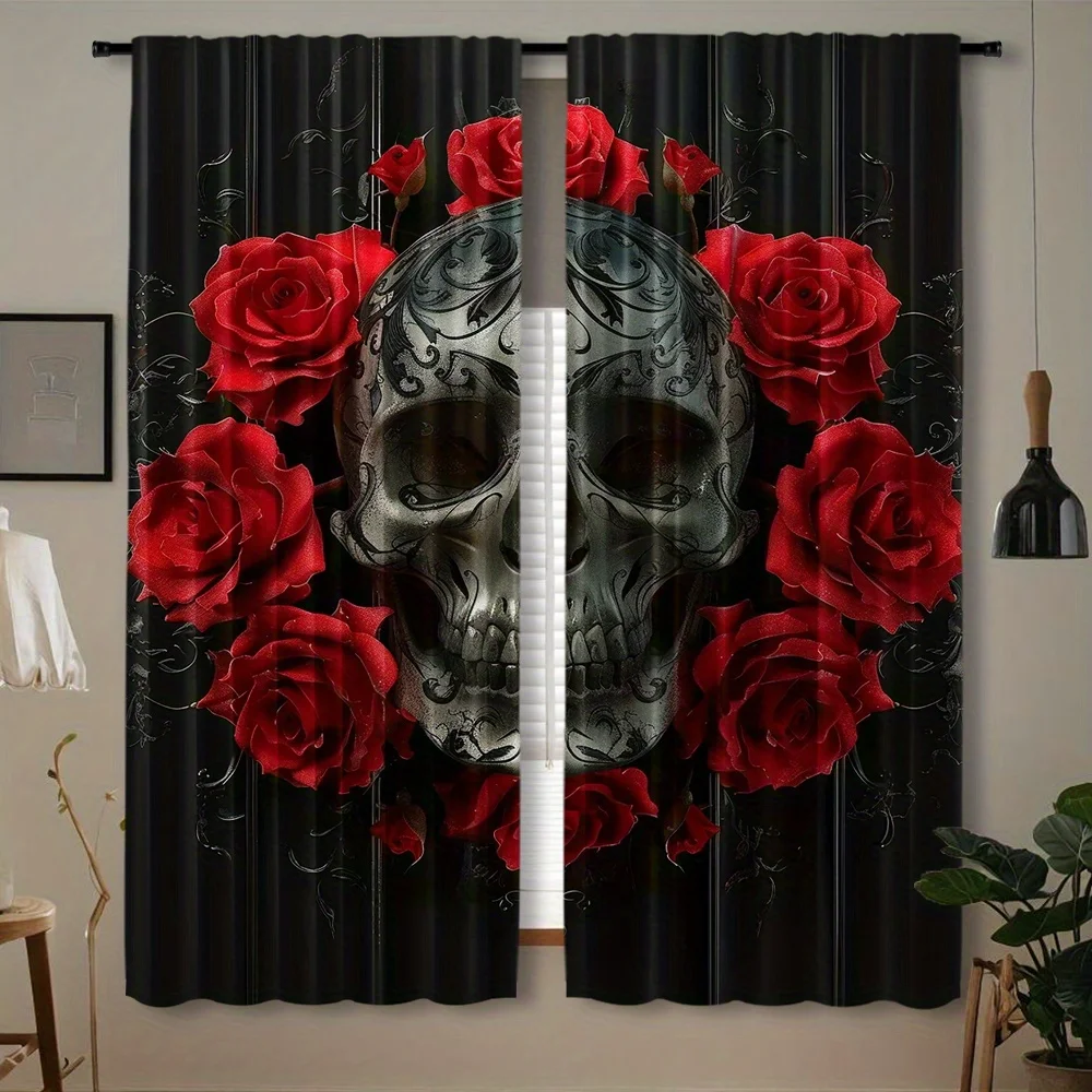 Dark Skull Rose Theme Curtain 2 Panels Ornate Silver Skeleton Bright Red Bloom Base Living Room Curtain Cool Retro Gothic Home